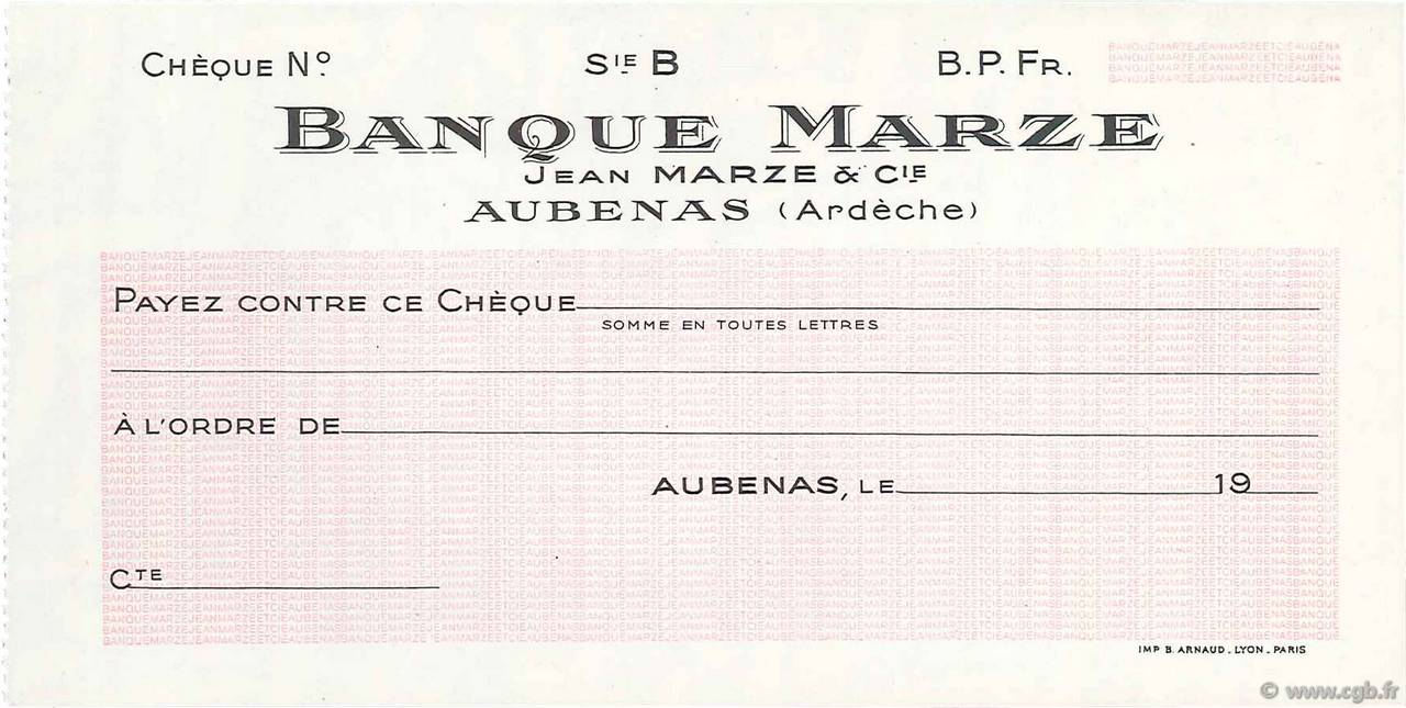 Francs FRANCE regionalismo y varios Aubenas 1943 DOC.Chèque SC
