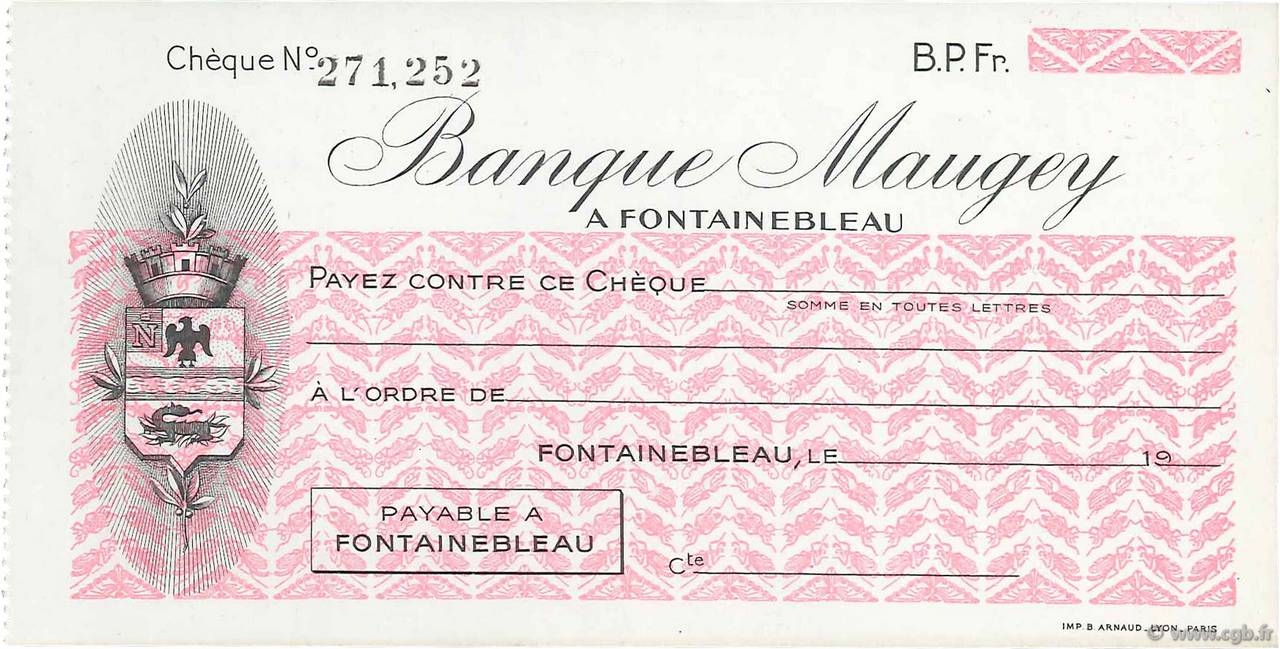 Francs FRANCE regionalism and miscellaneous Fontainebleau 1943 DOC.Chèque AU