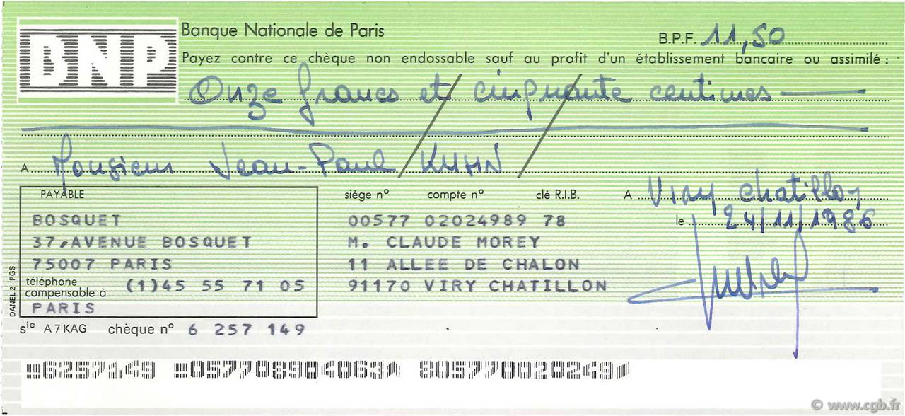 11,50 Francs FRANCE régionalisme et divers Viry Chatillon 1986 DOC.Chèque SUP
