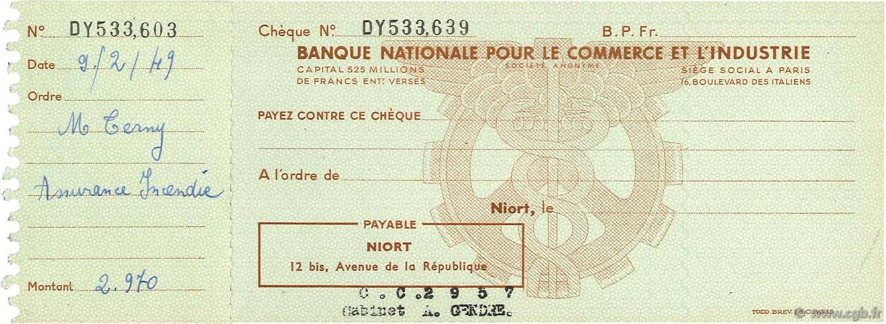 Francs FRANCE regionalismo y varios Niort 1949 DOC.Chèque SC