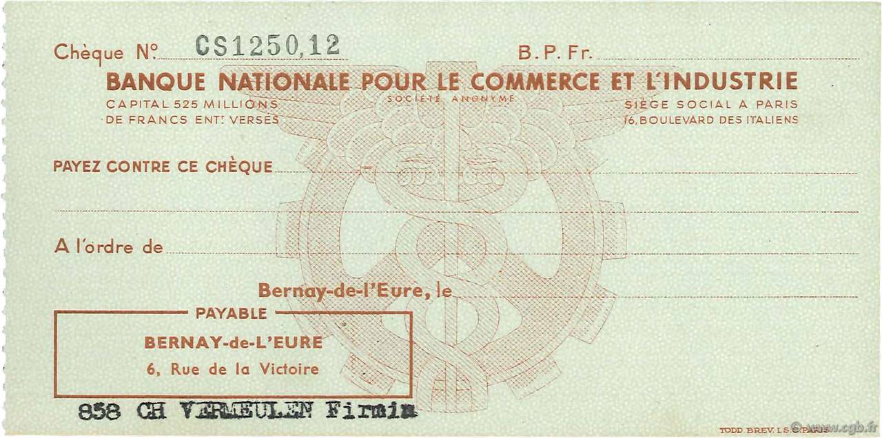 Francs FRANCE regionalism and miscellaneous Bernay-De-L Eure 1943 DOC.Chèque XF