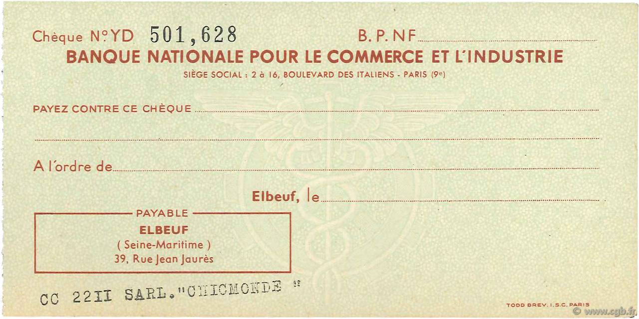 Francs FRANCE regionalismo y varios Elbeuf 1943 DOC.Chèque EBC
