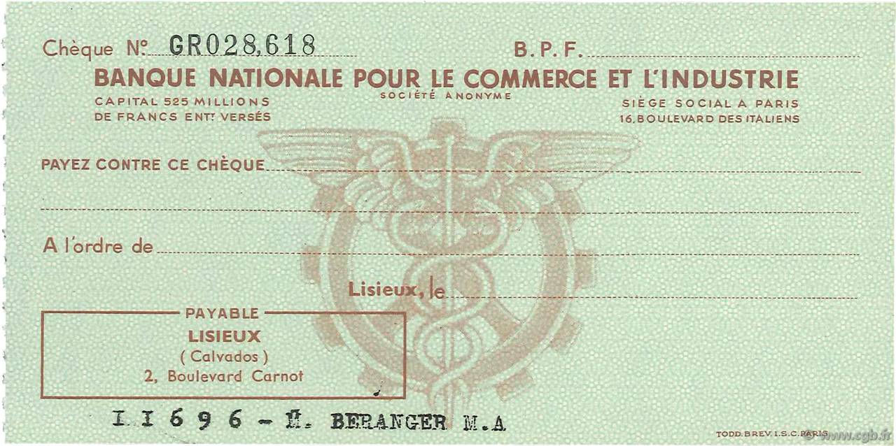 Francs FRANCE regionalism and various Lisieux 1943 DOC.Chèque AU