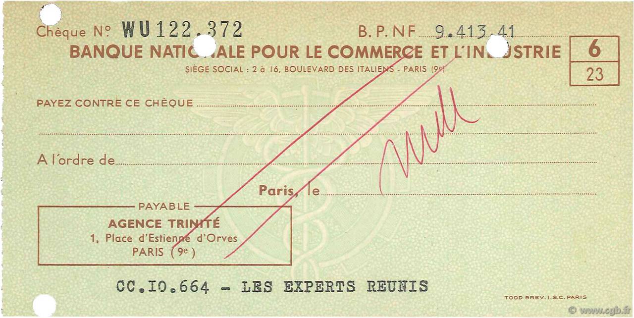 9413,41 Francs FRANCE regionalism and various Paris 1960 DOC.Chèque VF