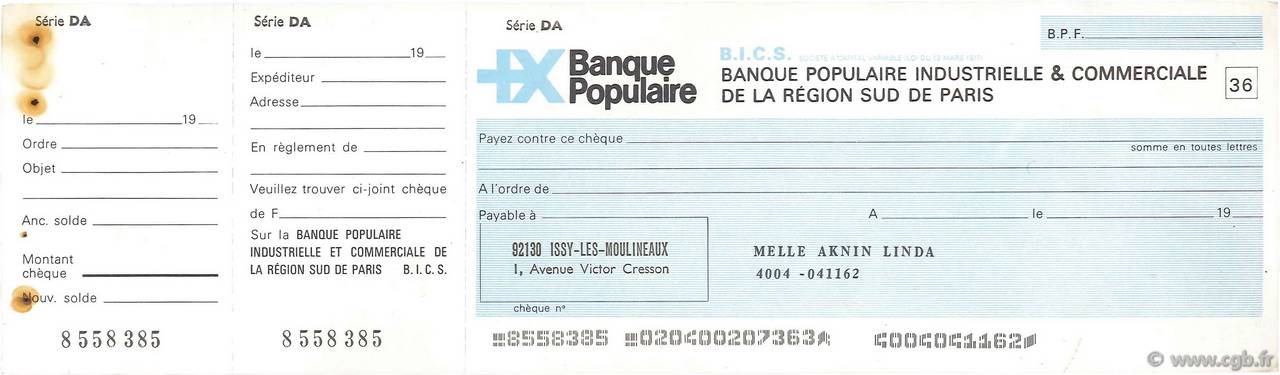 Francs FRANCE régionalisme et divers Issy-Les-Moulineaux 1965 DOC.Chèque SUP