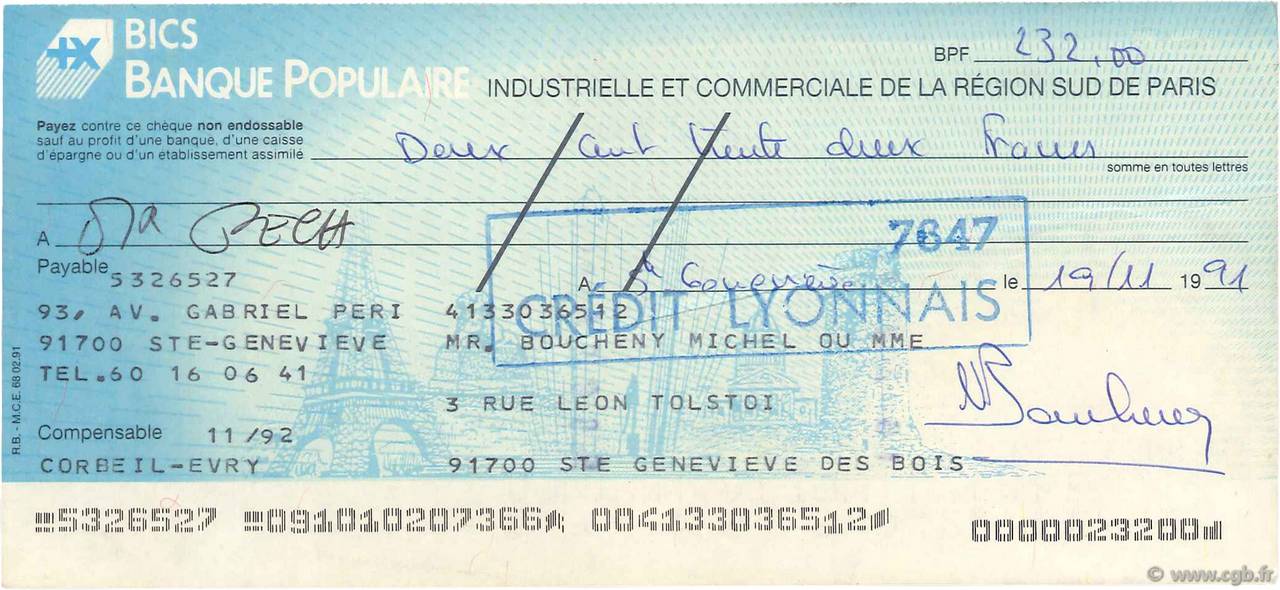 232 Francs FRANCE regionalismo y varios Ste Geneviève 1991 DOC.Chèque MBC