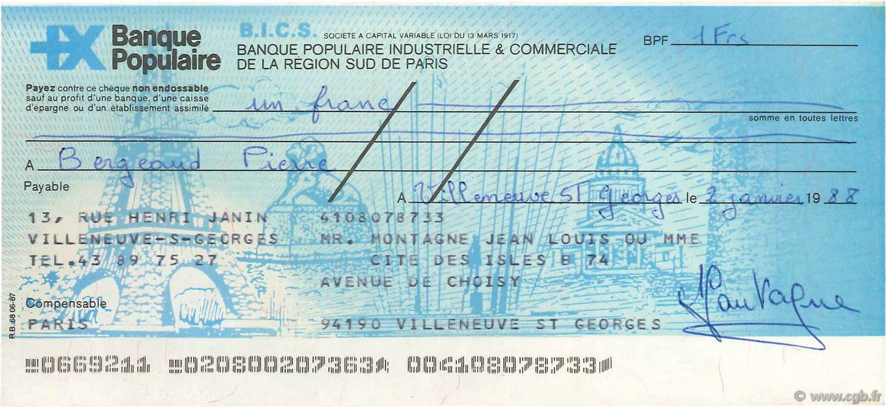 1 Franc FRANCE régionalisme et divers Villeneuve St Georges 1988 DOC.Chèque SPL