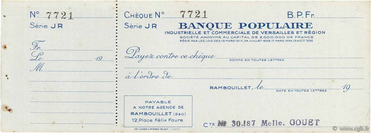 Francs FRANCE regionalism and miscellaneous Rambouillet 1943 DOC.Chèque XF