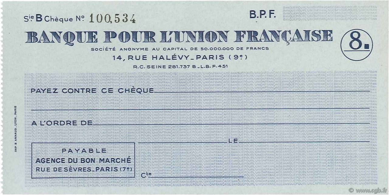 Francs FRANCE regionalism and various Paris 1943 DOC.Chèque AU