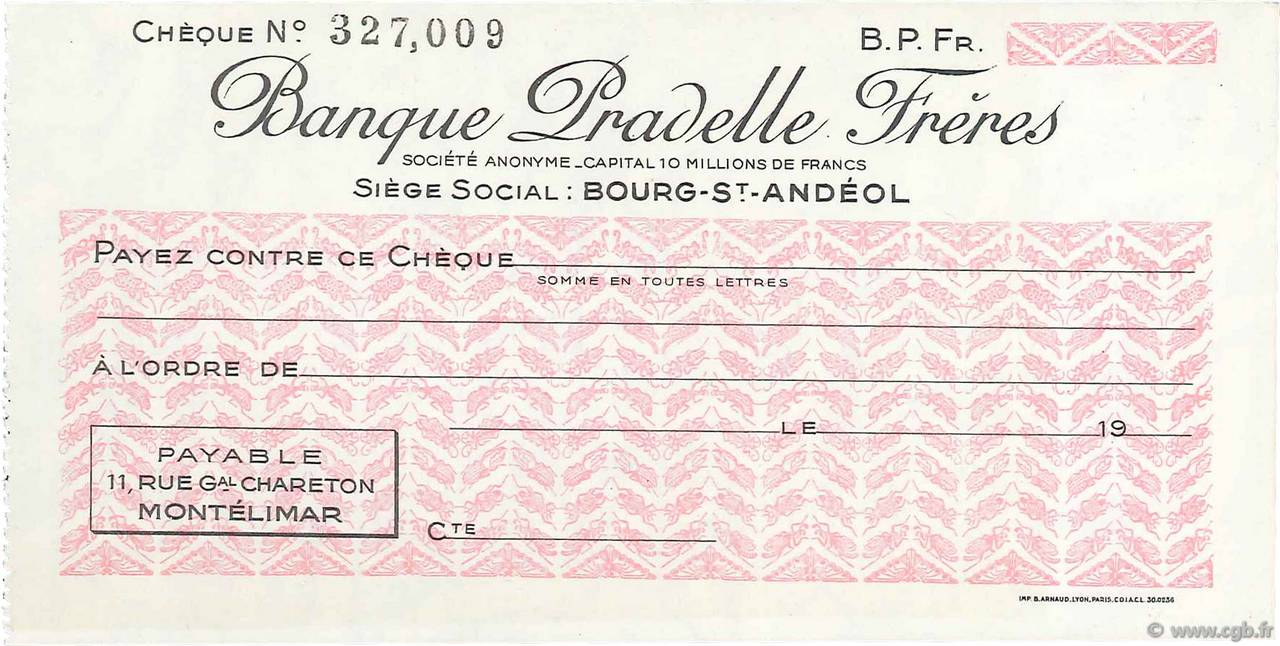 Francs FRANCE regionalismo y varios Bourg-St-Andéol 1943 DOC.Chèque SC