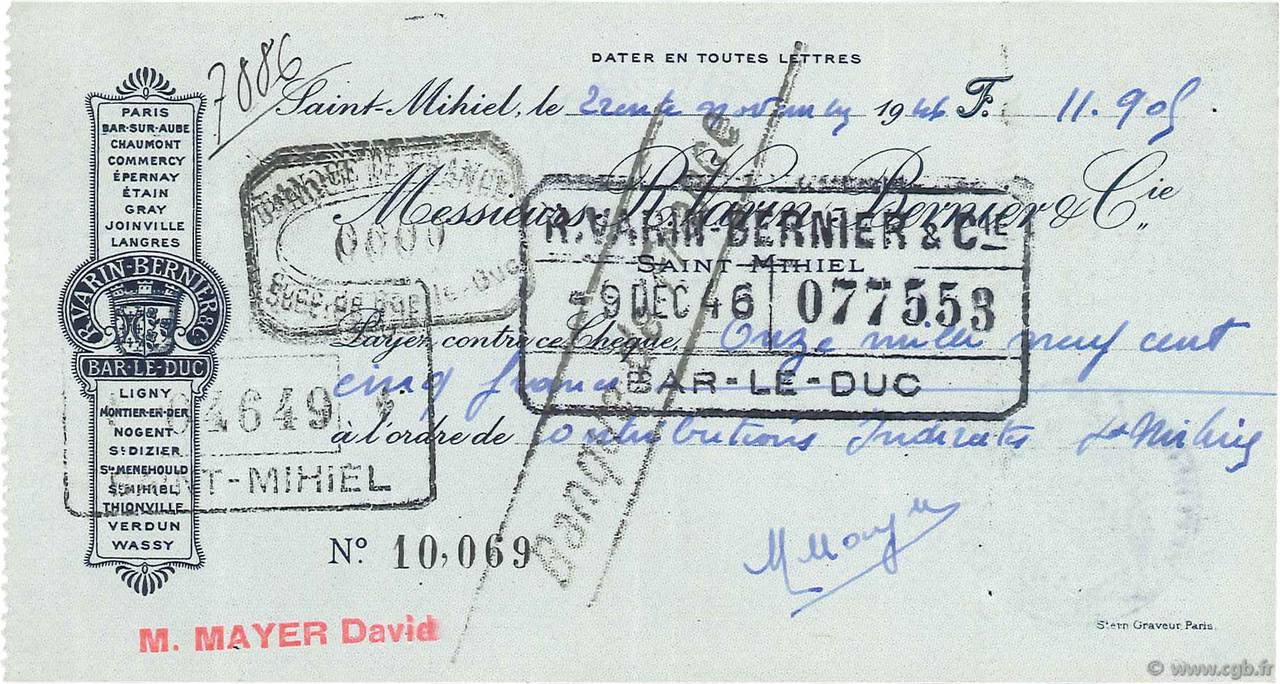 11905 Francs FRANCE regionalism and various Saint-Mihiel 1946 DOC.Chèque VF