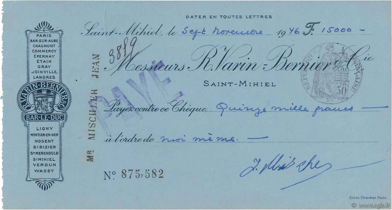 15000 Francs FRANCE regionalism and various Saint-Mihiel 1946 DOC.Chèque VF