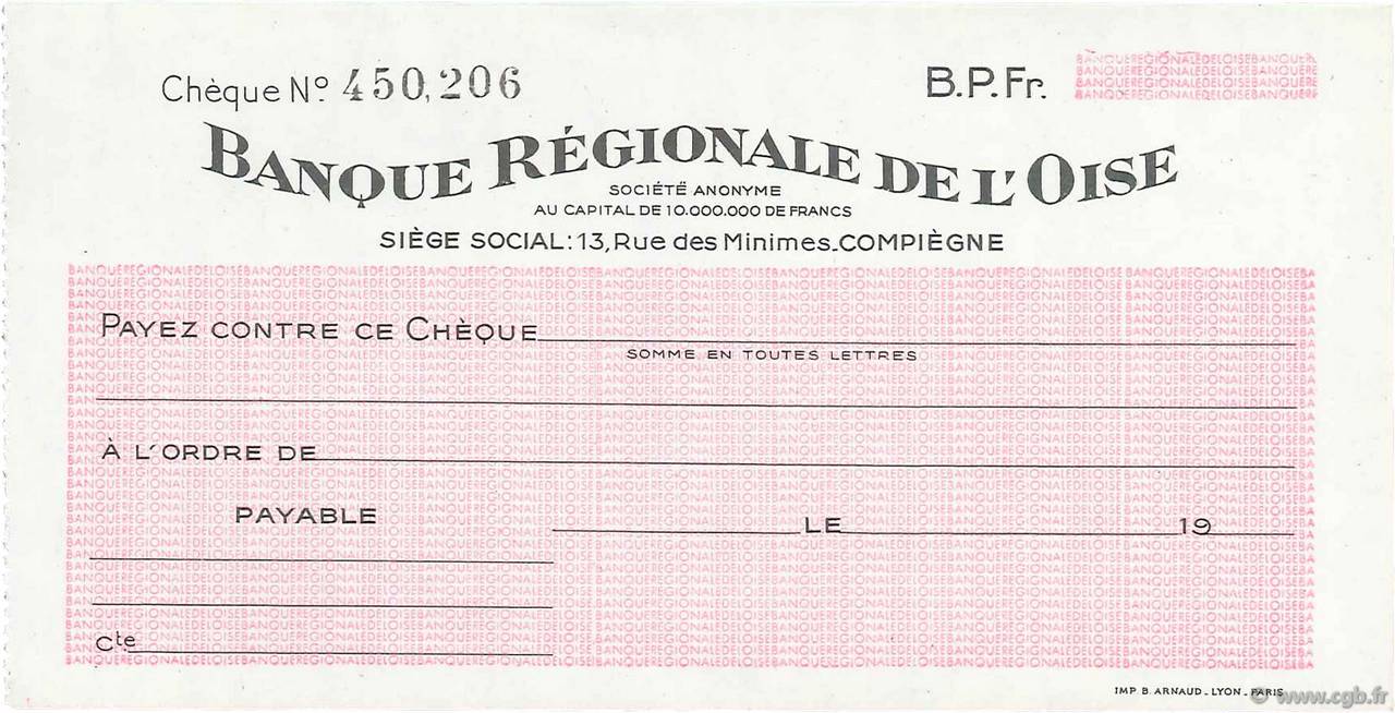 Francs FRANCE regionalism and miscellaneous Compiègne 1943 DOC.Chèque AU