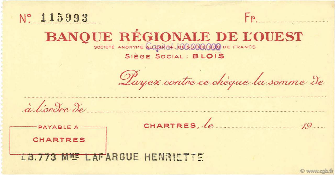 Francs FRANCE Regionalismus und verschiedenen Chartres 1943 DOC.Chèque VZ