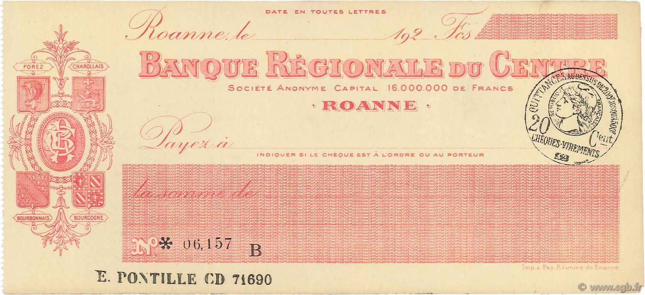 Francs FRANCE regionalismo y varios Roanne 1920 DOC.Chèque EBC