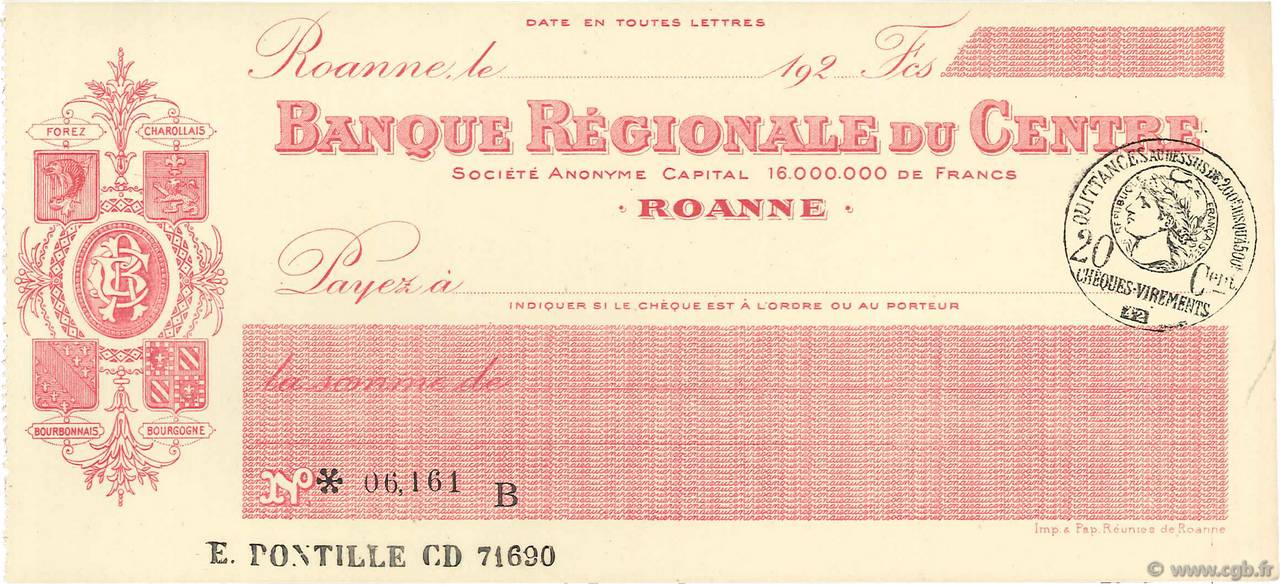 Francs FRANCE regionalismo y varios Roanne 1920 DOC.Chèque SC