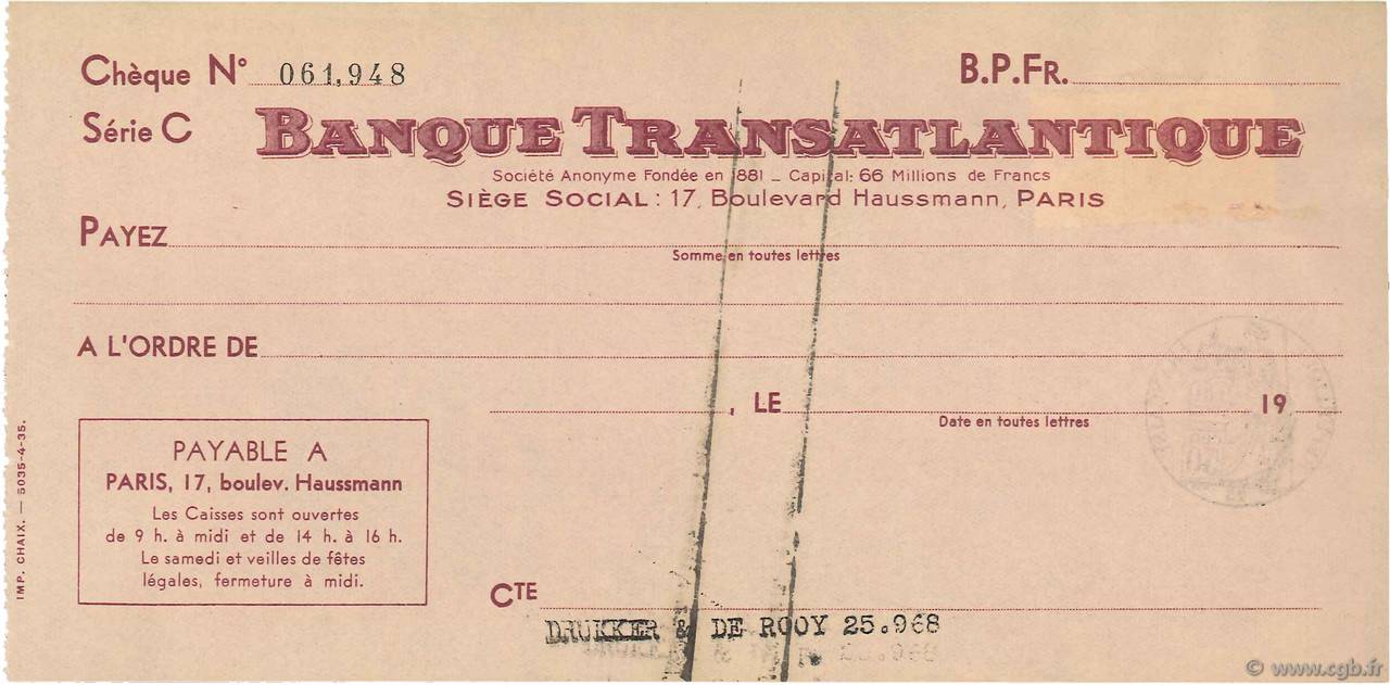 Francs FRANCE regionalismo y varios Paris 1937 DOC.Chèque EBC