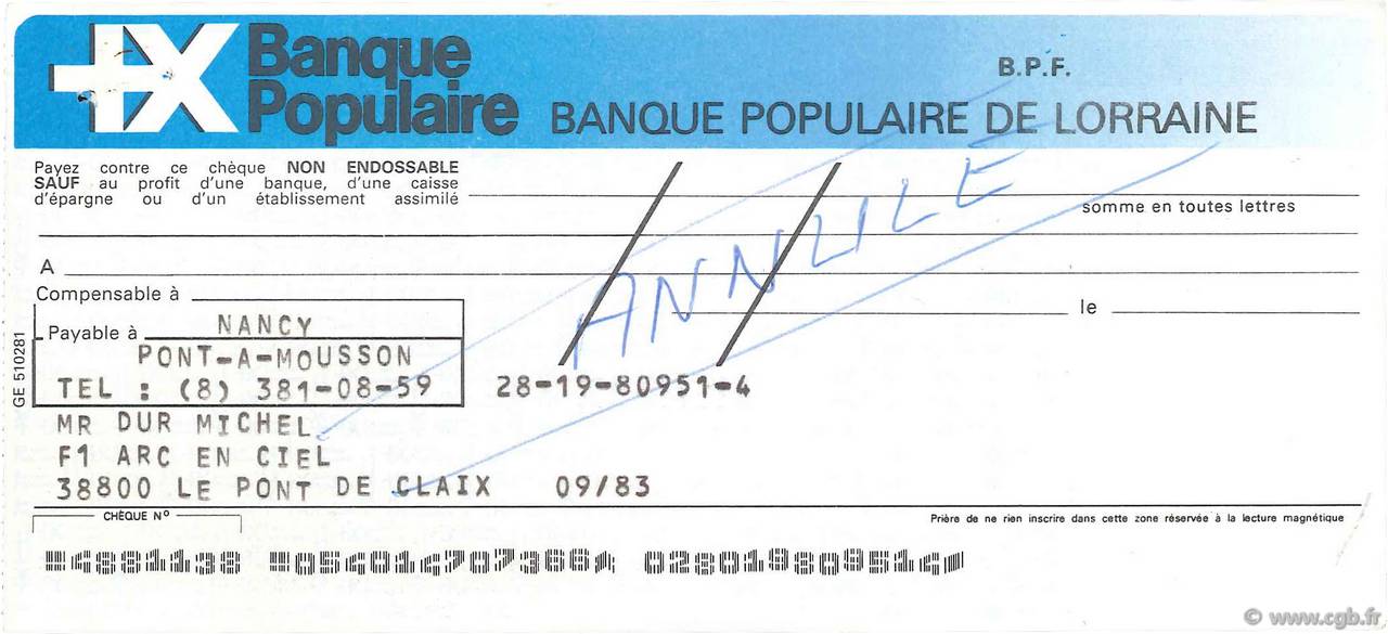Francs Annulé FRANCE régionalisme et divers Le Pont De Claix 1979 DOC.Chèque SUP