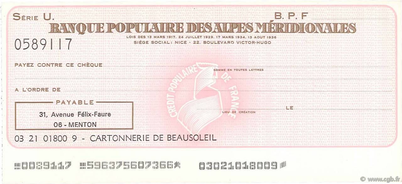 Francs FRANCE régionalisme et divers Menton 1960 DOC.Chèque SPL