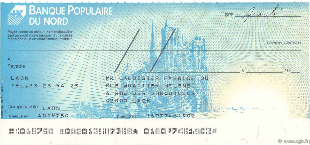 Francs Annulé FRANCE régionalisme et divers Laon 1979 DOC.Chèque SPL