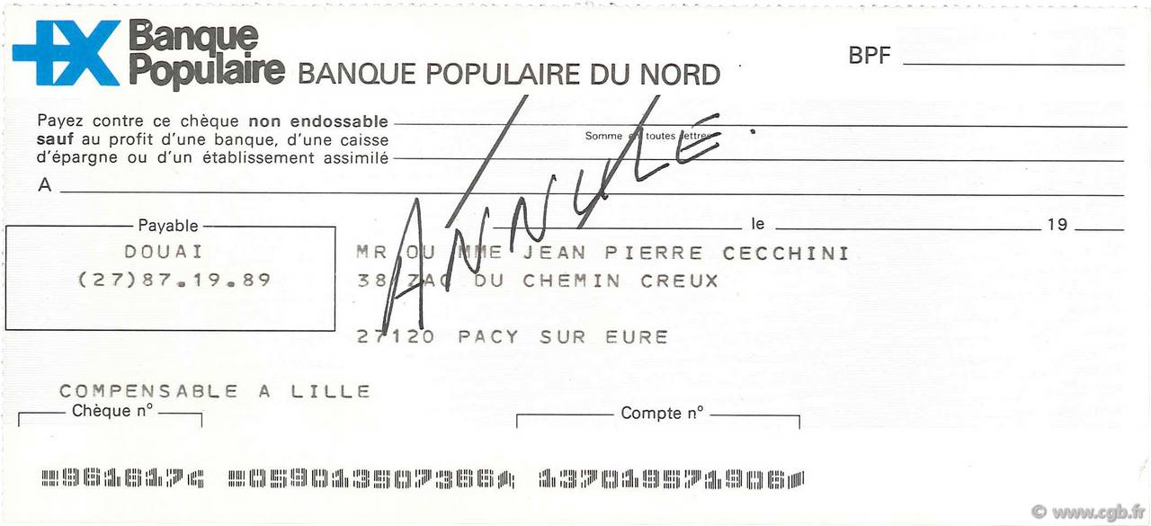 Francs Annulé FRANCE régionalisme et divers Pacy Sur Eure 1979 DOC.Chèque SUP