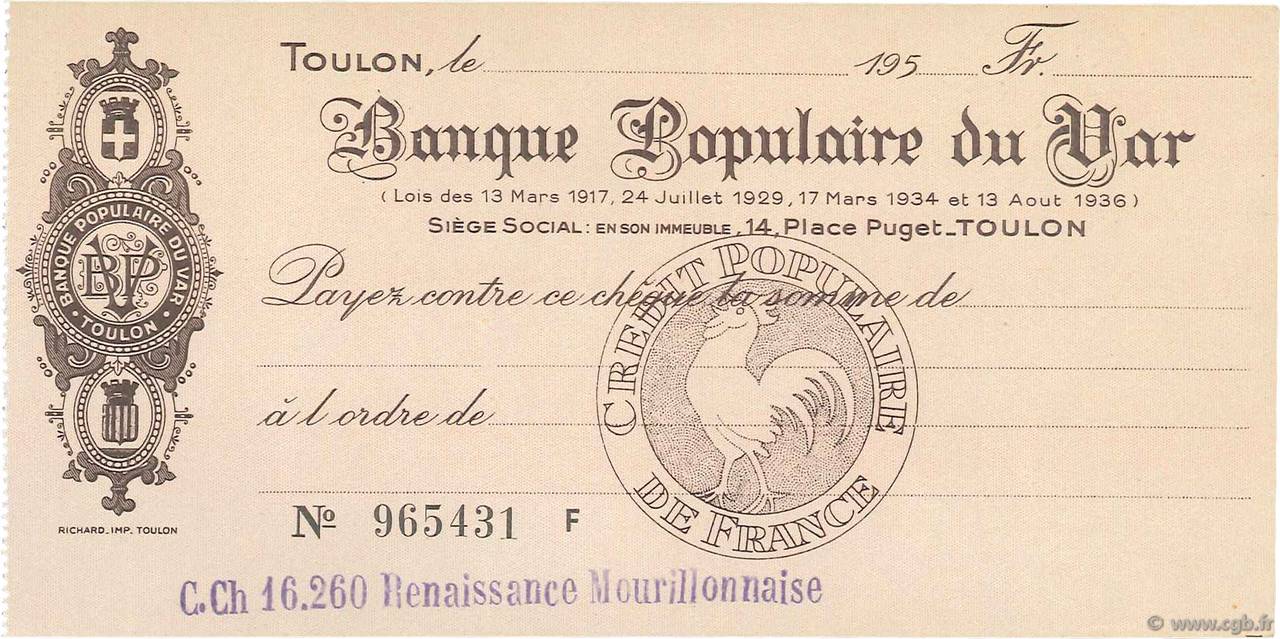 Francs FRANCE regionalism and miscellaneous Toulon 1950 DOC.Chèque AU