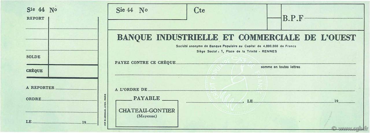 Francs FRANCE regionalism and various Chateau-Gontier 1949 DOC.Chèque AU