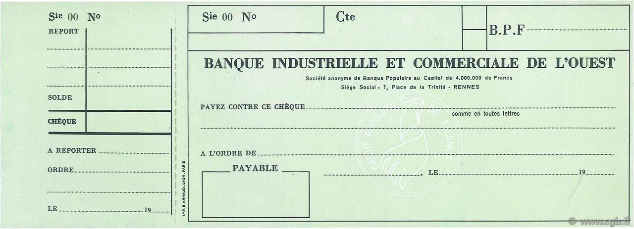 Francs FRANCE regionalism and miscellaneous Rennes 1949 DOC.Chèque AU