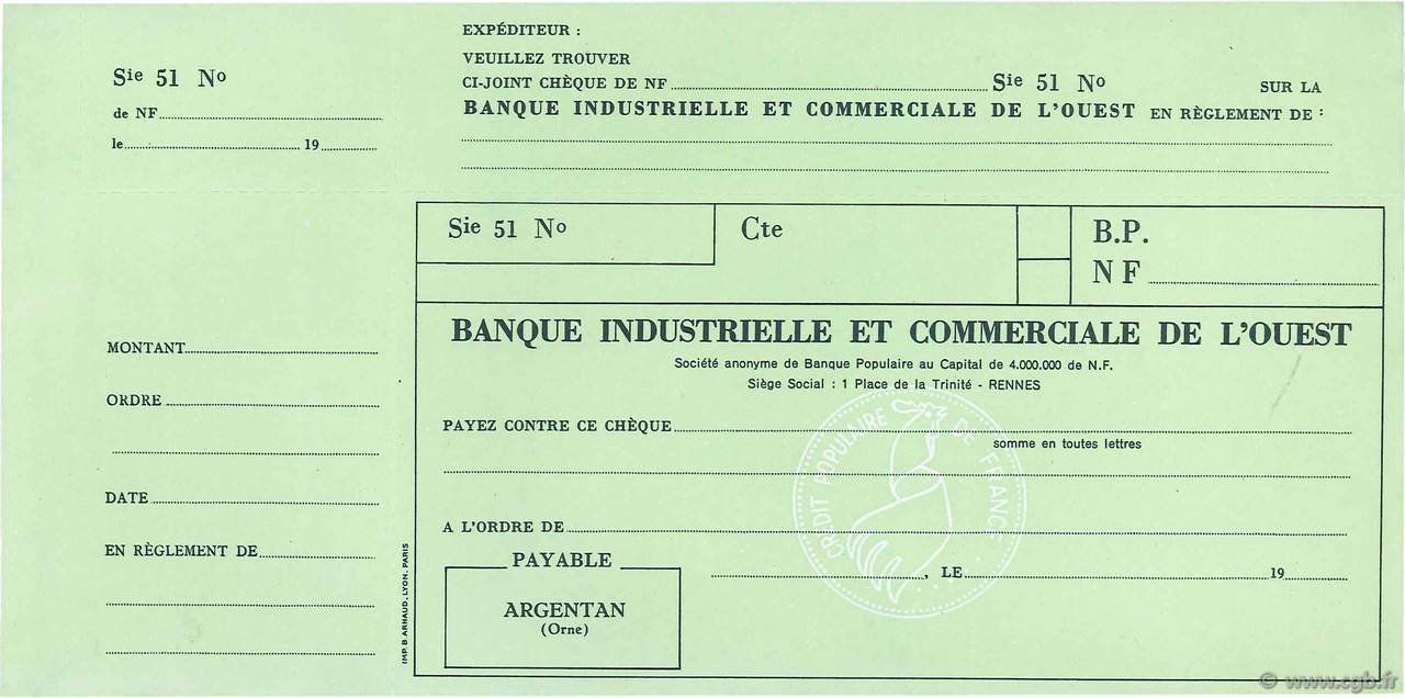 Francs FRANCE regionalismo y varios Argentan 1960 DOC.Chèque SC