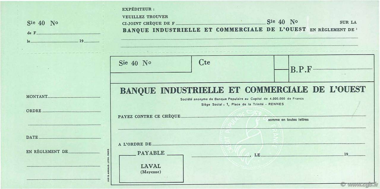 Francs FRANCE Regionalismus und verschiedenen Laval 1949 DOC.Chèque VZ