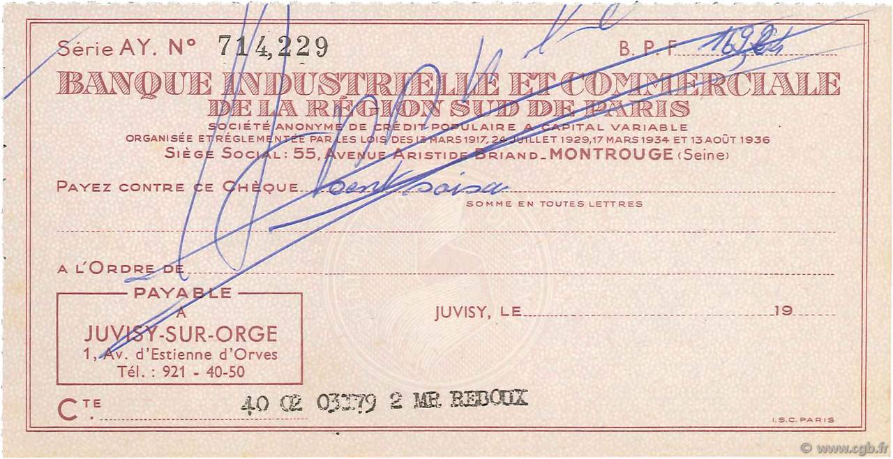 Francs Annulé FRANCE Regionalismus und verschiedenen Juvisy-Sur-Orge 1943 DOC.Chèque VZ