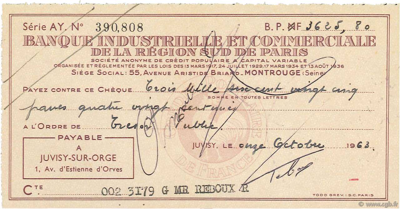 3625,80 Francs Annulé FRANCE regionalismo e varie Juvisy-Sur-Orge 1963 DOC.Chèque BB