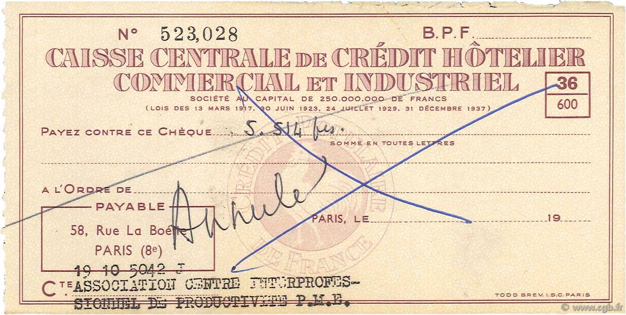 5514 Francs Annulé FRANCE regionalism and various Paris 1943 DOC.Chèque XF