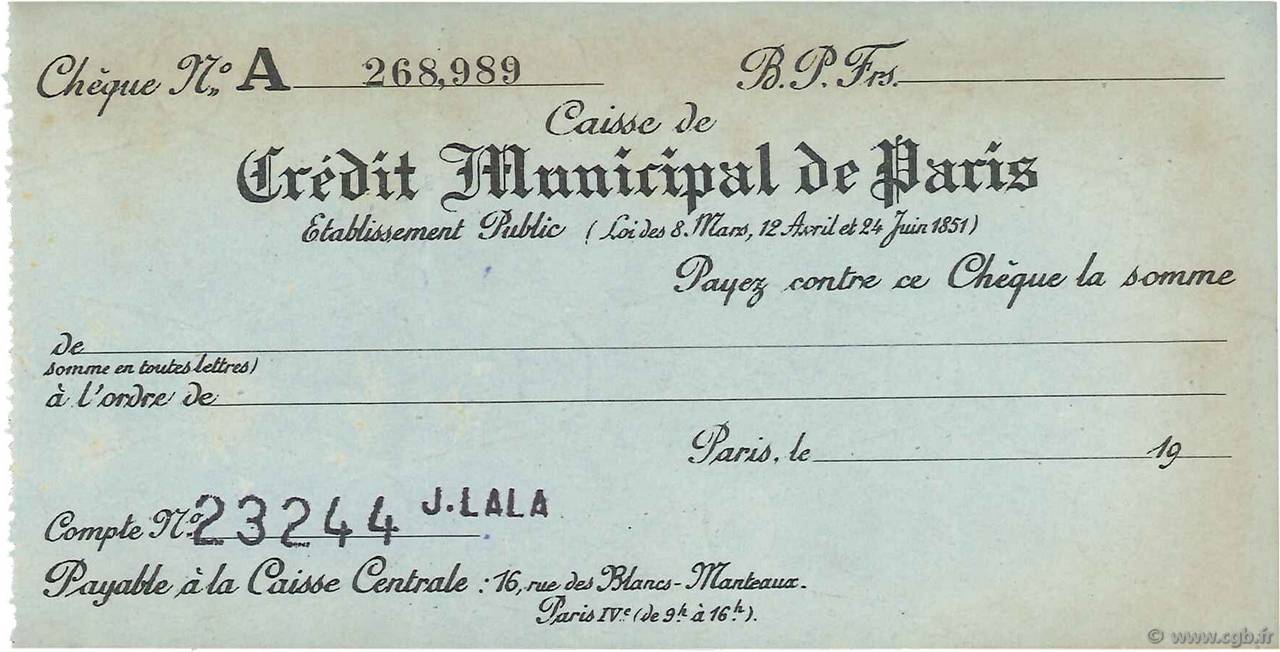 Francs FRANCE régionalisme et divers Paris 1943 DOC.Chèque TTB