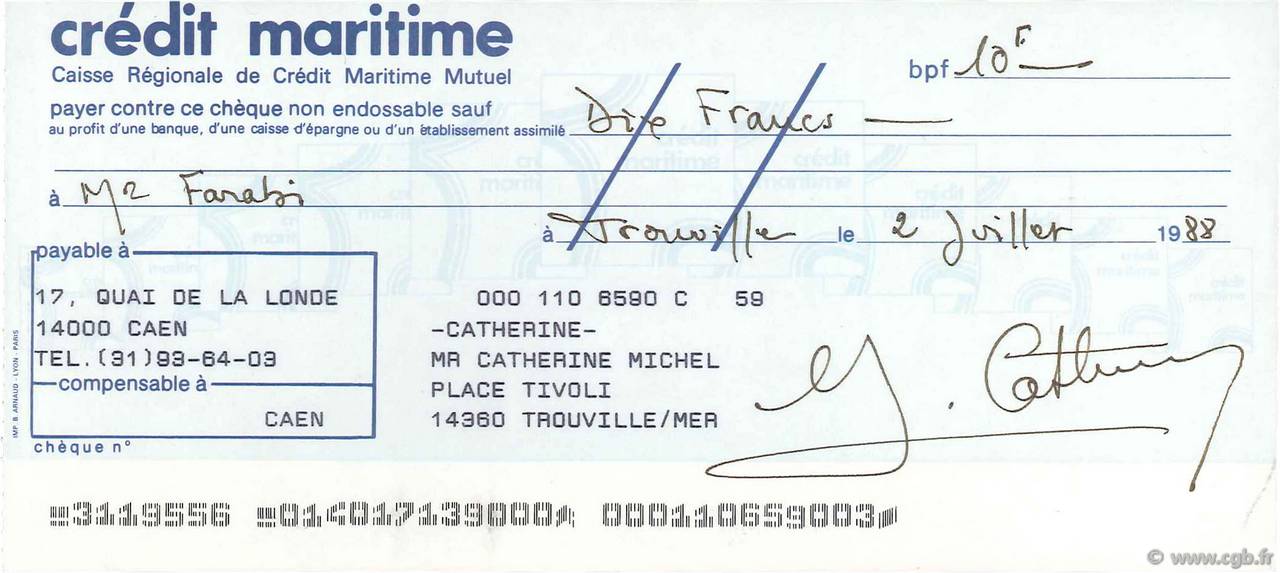 10 Francs FRANCE regionalism and miscellaneous Trouville Sur Mer 1988 DOC.Chèque AU