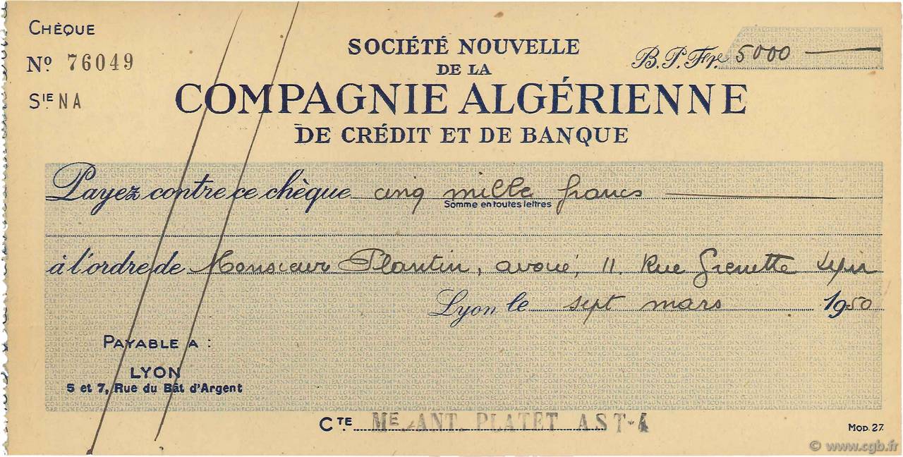 5000 Francs FRANCE régionalisme et divers Lyon 1950 DOC.Chèque SUP