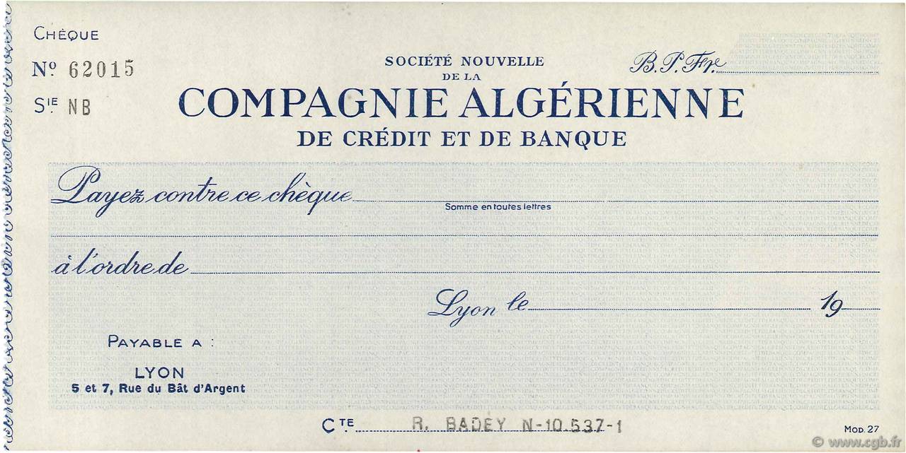 Francs FRANCE regionalism and miscellaneous Lyon 1943 DOC.Chèque XF