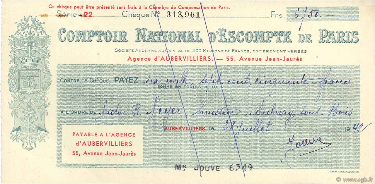 6750 Francs FRANCE regionalism and various Aubervilliers 1942 DOC.Chèque VF