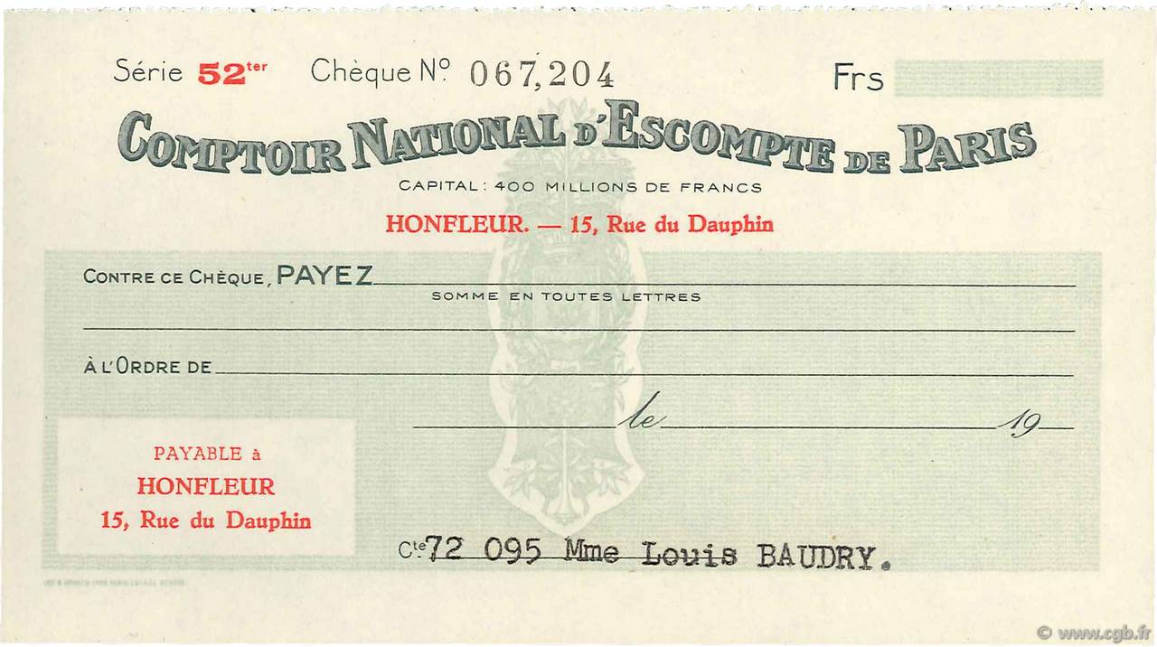 Francs FRANCE regionalism and various Honfleur 1943 DOC.Chèque UNC