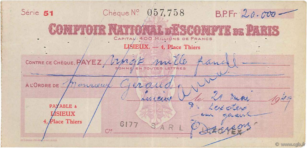 20000 Francs Annulé FRANCE régionalisme et divers Lisieux 1949 DOC.Chèque TTB
