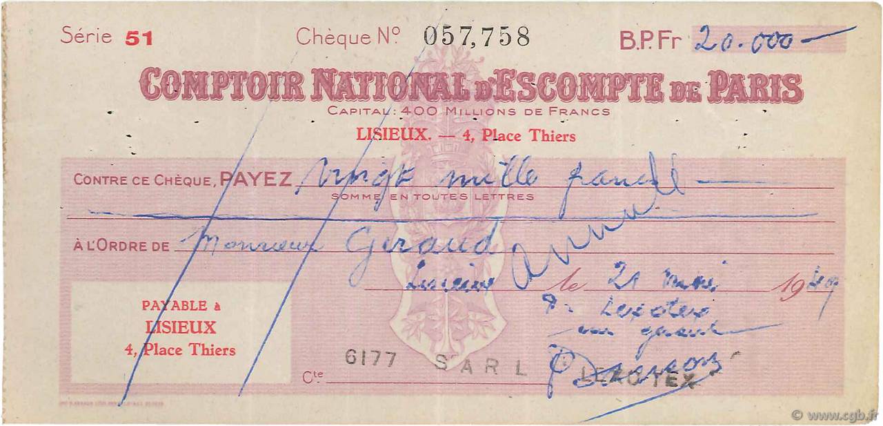 20000 Francs Annule France Regionalism And Miscellaneous Lisieux 1949 Doc Cheque B92 0649 Banknotes