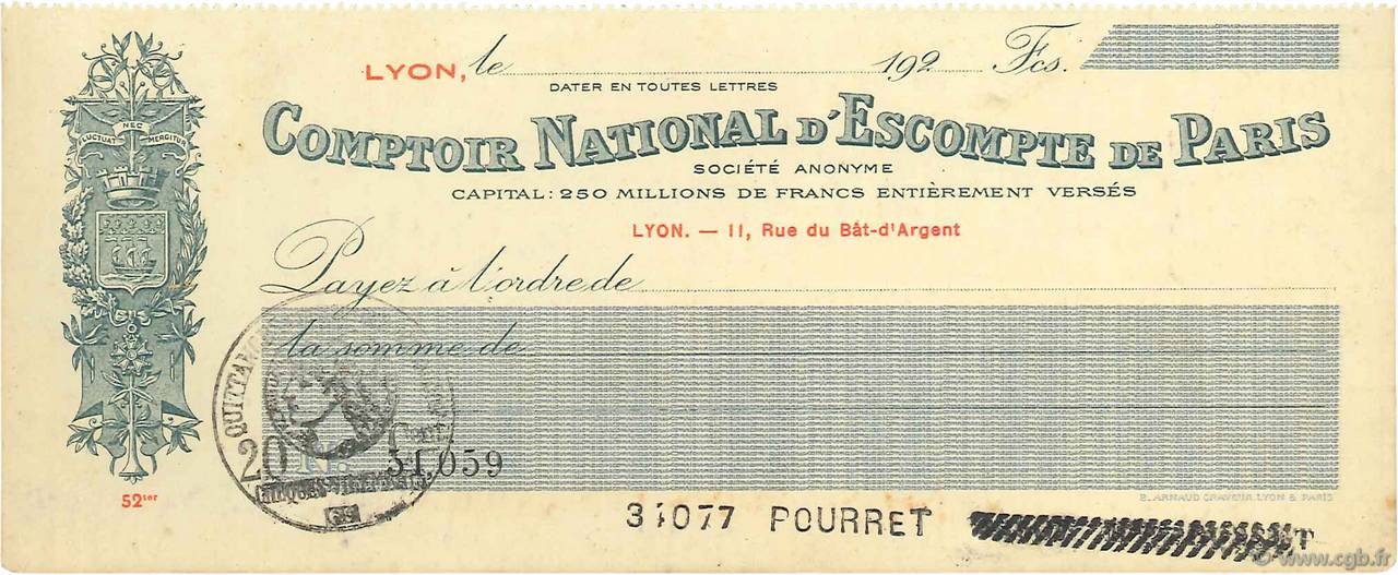 Francs FRANCE regionalism and various Lyon 1920 DOC.Chèque XF