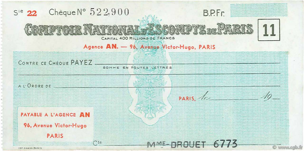 Francs FRANCE Regionalismus und verschiedenen Paris 1943 DOC.Chèque VZ