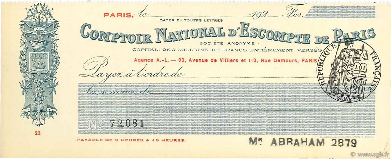 Francs FRANCE regionalismo y varios Paris 1920 DOC.Chèque SC