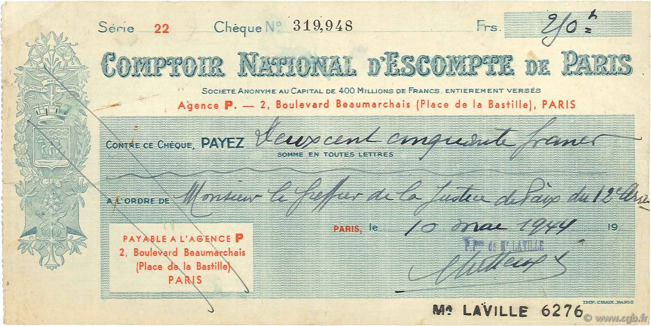 250 Francs FRANCE regionalism and miscellaneous Paris 1944 DOC.Chèque VF
