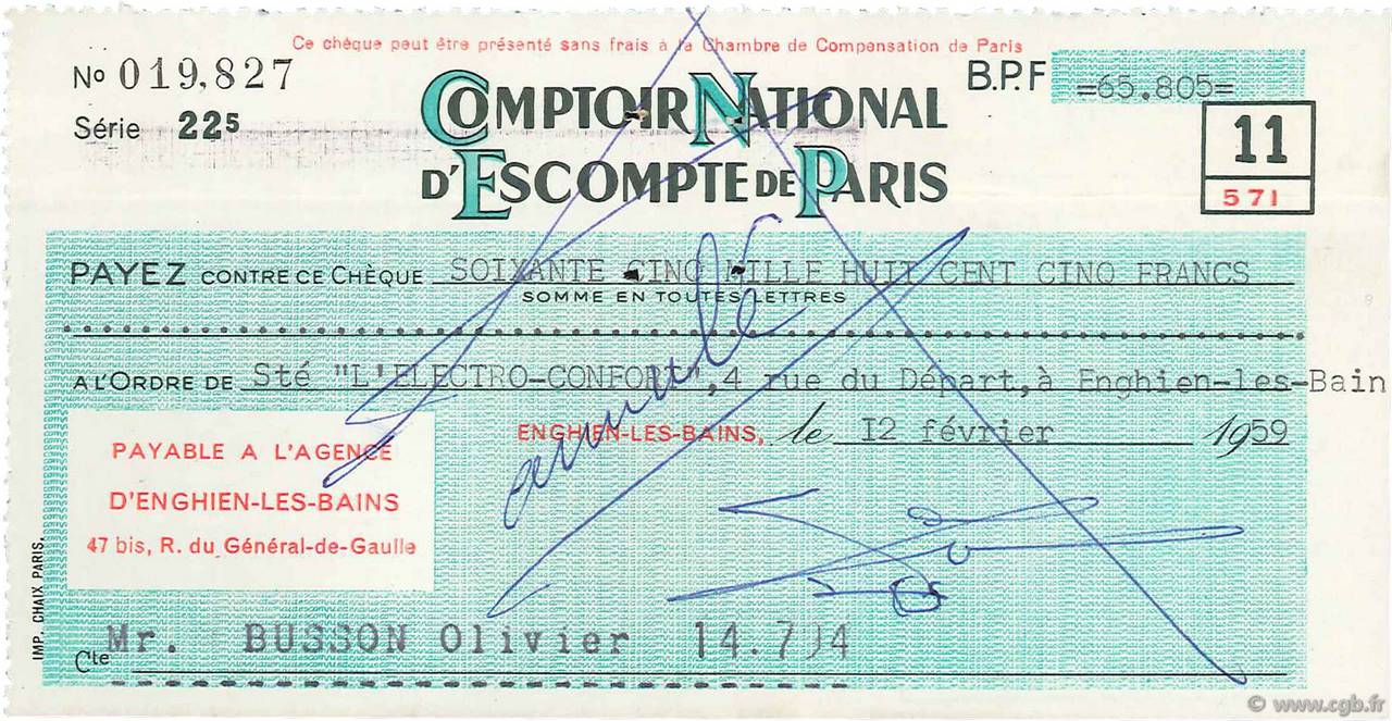 65805 Francs Annulé FRANCE regionalismo e varie Enghien-Les-Bains 1959 DOC.Chèque BB