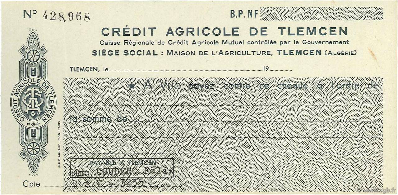 Francs FRANCE regionalism and various Tlemcem 1960 DOC.Chèque XF