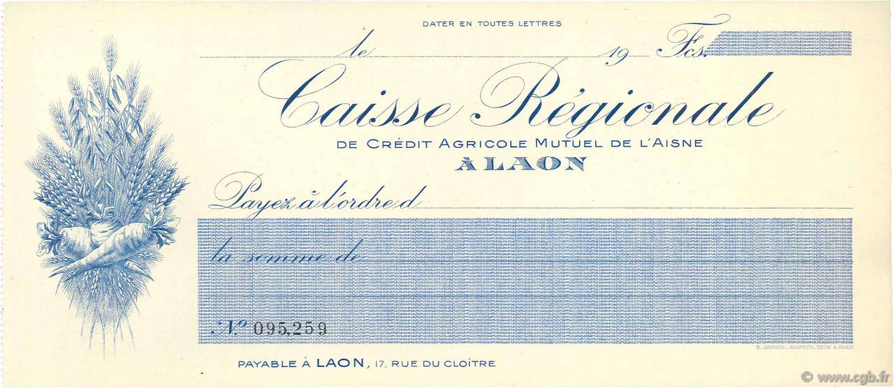 Francs FRANCE regionalism and various Laon 1920 DOC.Chèque AU