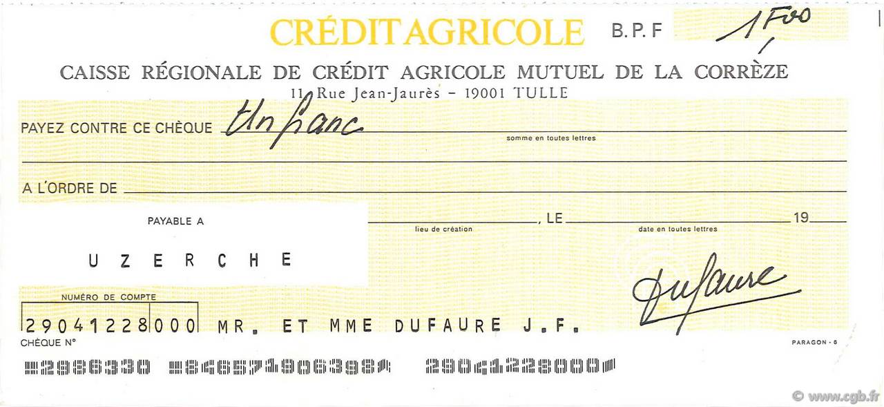 1 Franc FRANCE regionalismo y varios Tulle 1970 DOC.Chèque SC