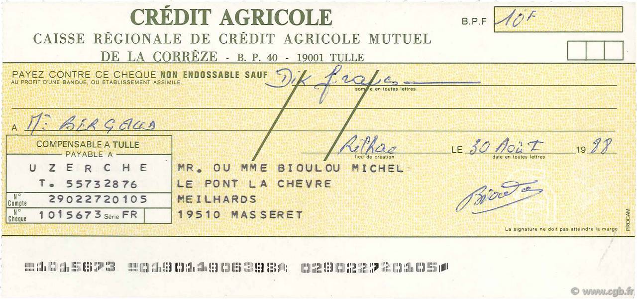 10 Francs FRANCE régionalisme et divers Tulle 1988 DOC.Chèque SUP